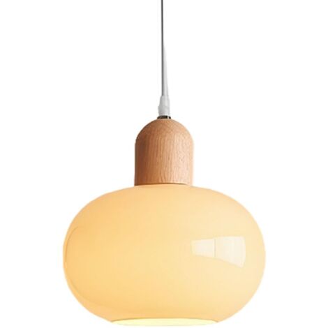 Suspension Luminaire Verre et Bois de Caoutchouc 20cm Style Moderne Scandinave E27 Lampe Suspendue Hauteur Réglable pour Chambre Salon Cuisine (22cm)