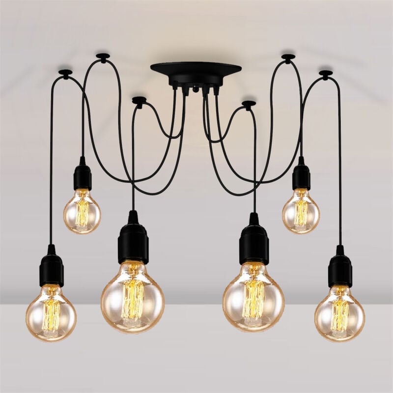 Lustre Araignée E27 Douille Rétro Suspension diy Luminaire Noir, Ajustable Longueur avec 1,5M Fil, 6 Bras