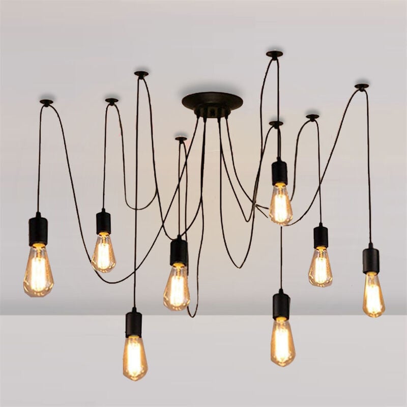Lustre Araignée E27 Douille Rétro Suspension diy Luminaire Noir, Ajustable Longueur avec 1,5M Fil, 8 Bras