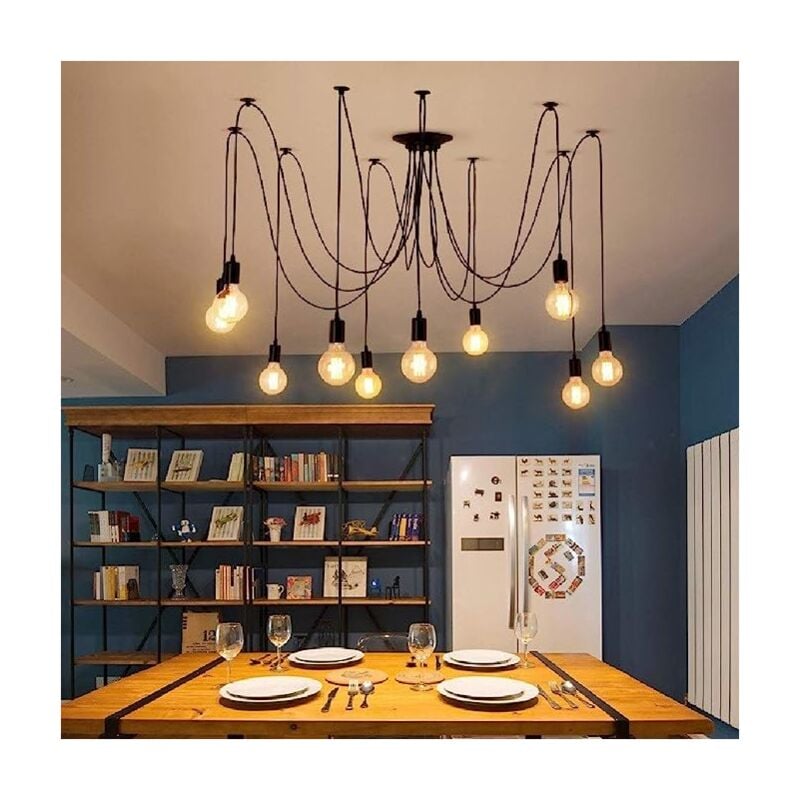Lustre Araignée E27 Douille Rétro Suspension DIY Luminaire Noir, Ajustable Longueur avec 2M Fil, 10 Bras