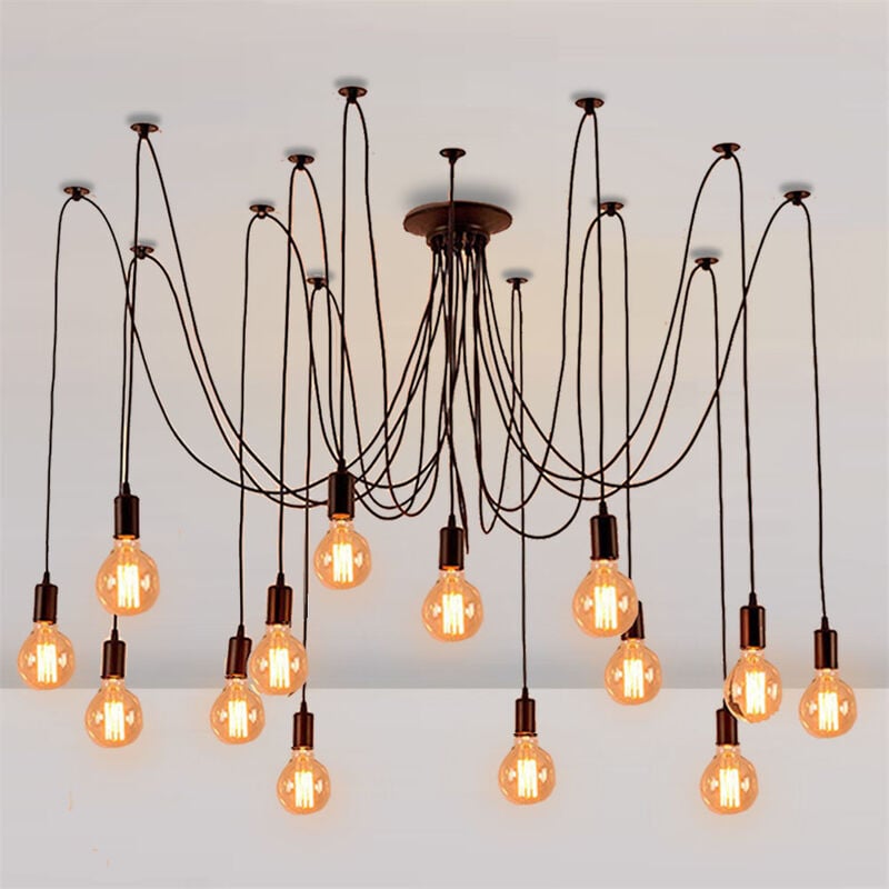 Lustre Araignée E27 Douille Rétro Suspension diy Luminaire Noir, Ajustable Longueur avec 2M Fil, 14 Bras