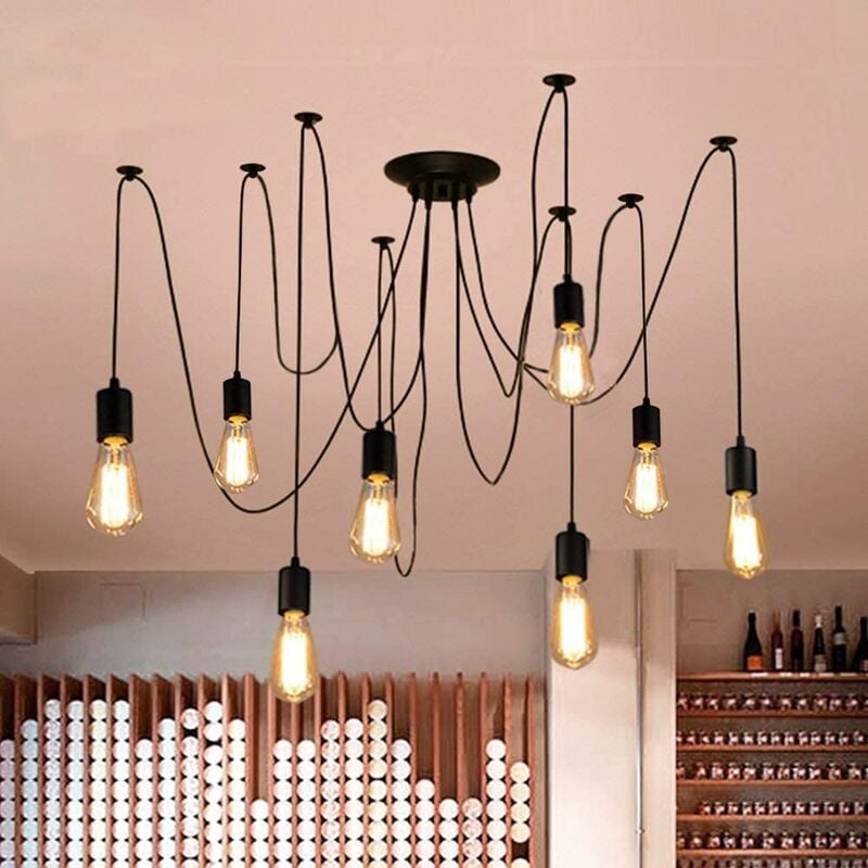 Lustre Araignée E27 Douille Rétro Suspension diy Luminaire Noir, Ajustable Longueur avec 2M Fil, 8 Bras