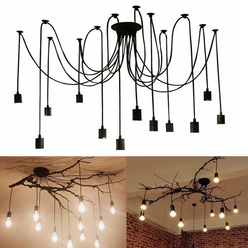 Lustre Araignée E27 Douille Rétro Suspension diy Luminaire Noir, Ajustable Longueur avec 2M Fil, 12 Bras