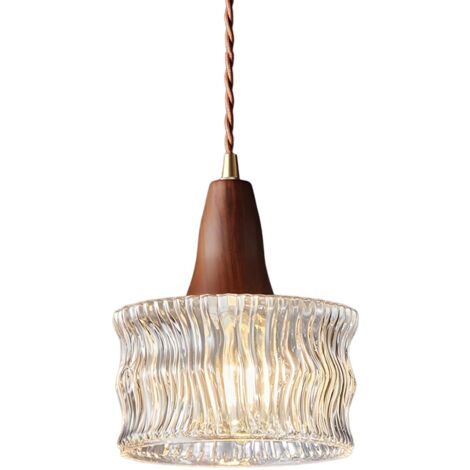 Suspension Luminaire Vintage avec Abat-jour en Verre Ø17cm & Finition Bois Noyer, Hauteur Réglable E27 Lampe Suspendue de Plafond Loft pour Salle à Manger, Chambre & Cuisine (Clair)
