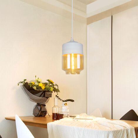 Suspension Luminaire Vintage Industriel Lustre Suspension Abat-jour en Verre Lustre Plafonnier Blanc et Ambre E27 Ø18CM - 1Pcs