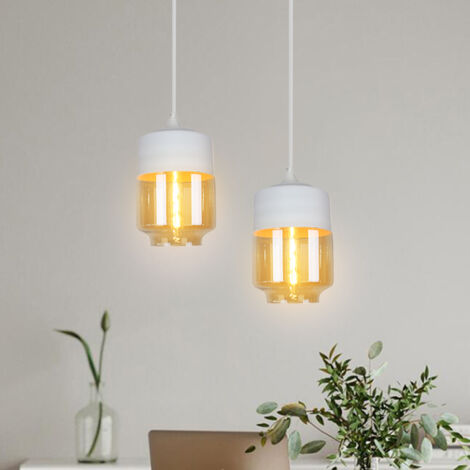 Suspension Luminaire Vintage Industriel Lustre Suspension Abat-jour en Verre Lustre Plafonnier Blanc et Ambre E27 Ø18CM - 2Pcs
