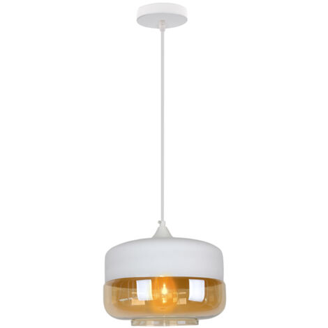 Suspension Luminaire Vintage Industriel Lustre Suspension Abat-jour en Verre Lustre Plafonnier Blanc et Ambre E27 Ø25CM - 1Pcs