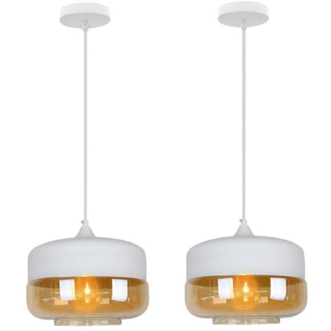 Suspension Luminaire Vintage Industriel Lustre Suspension Abat-jour en Verre Lustre Plafonnier Blanc et Ambre E27 Ø25CM - 2Pcs