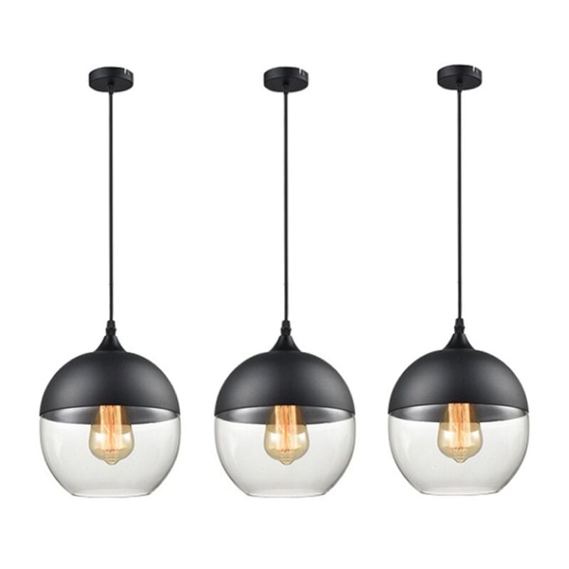 Wottes - Suspension Luminaire Vintage Industriel Lustre Suspension Abat-jour en Verre Lustre Plafonnier Noir E27 Ø20CM - 3Pcs