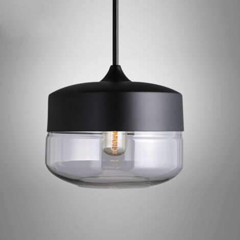 Suspension Luminaire Vintage Industriel Lustre Suspension Abat-jour en Verre Lustre Plafonnier Noir E27 Ø25CM - 1Pcs
