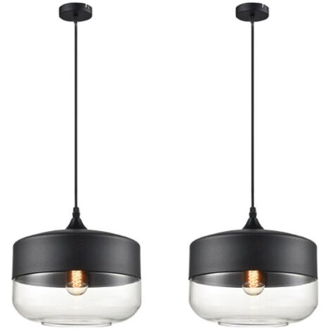 Suspension Luminaire Vintage Industriel Lustre Suspension Abat-jour en Verre Lustre Plafonnier Noir E27 Ø25CM - 2Pcs