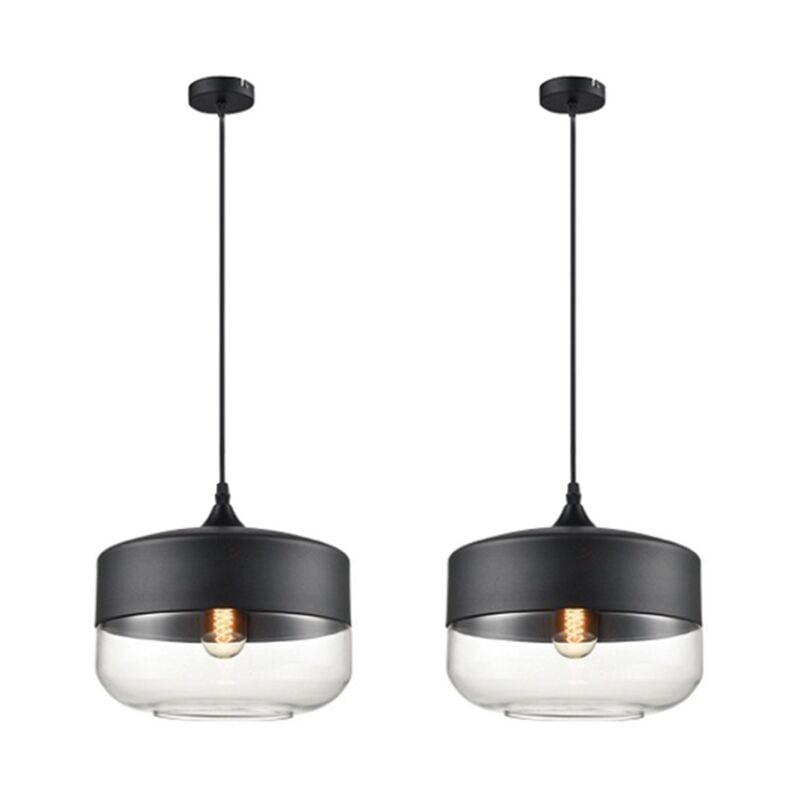 Suspension Luminaire Vintage Industriel Lustre Suspension Abat-jour en Verre Lustre Plafonnier Noir E27 Ø25CM - 2Pcs