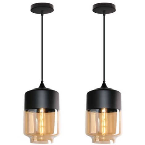 Suspension Luminaire Vintage Industriel Lustre Suspension Abat-jour en Verre Lustre Plafonnier Noir et Ambre E27 Ø18CM - 2Pcs