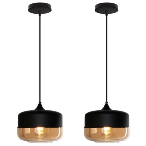 Suspension Luminaire Vintage Industriel Lustre Suspension Abat-jour en Verre Lustre Plafonnier Noir et Ambre E27 Ø25CM - 2Pcs