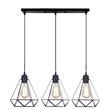 Suspension Luminaire Vintage Industrielle 3 Lampes Lustre Abat-jour en Métal et Bois Ø160mm Plafonnier E27 avec Bois Rétro Pour Salon Cuisine Chambre (B-avec barre)