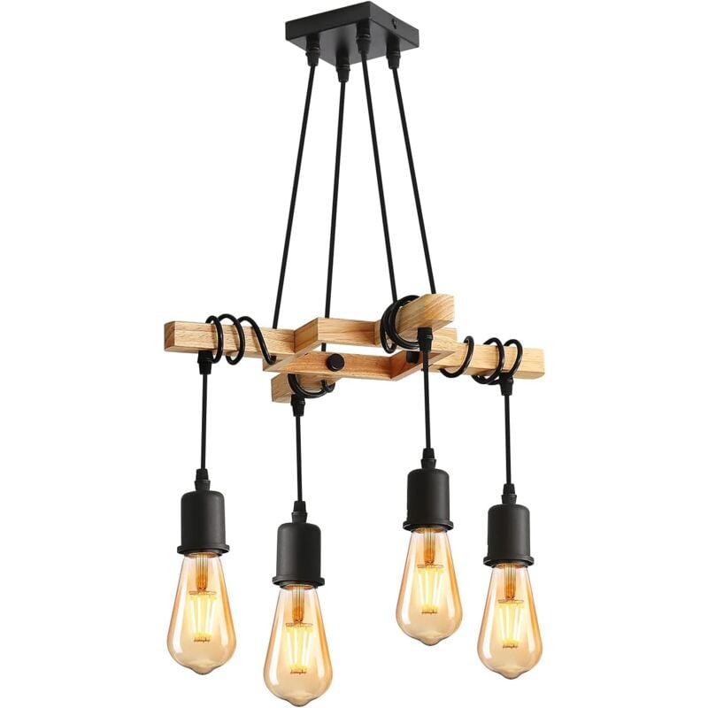 Suspension Luminaire Industriel, Plafonnier lustre en Bois E27, Luminaire Plafonnier Vintage Noir Réglable en Hauteur pour Salon Cuisine, Chambre, 4