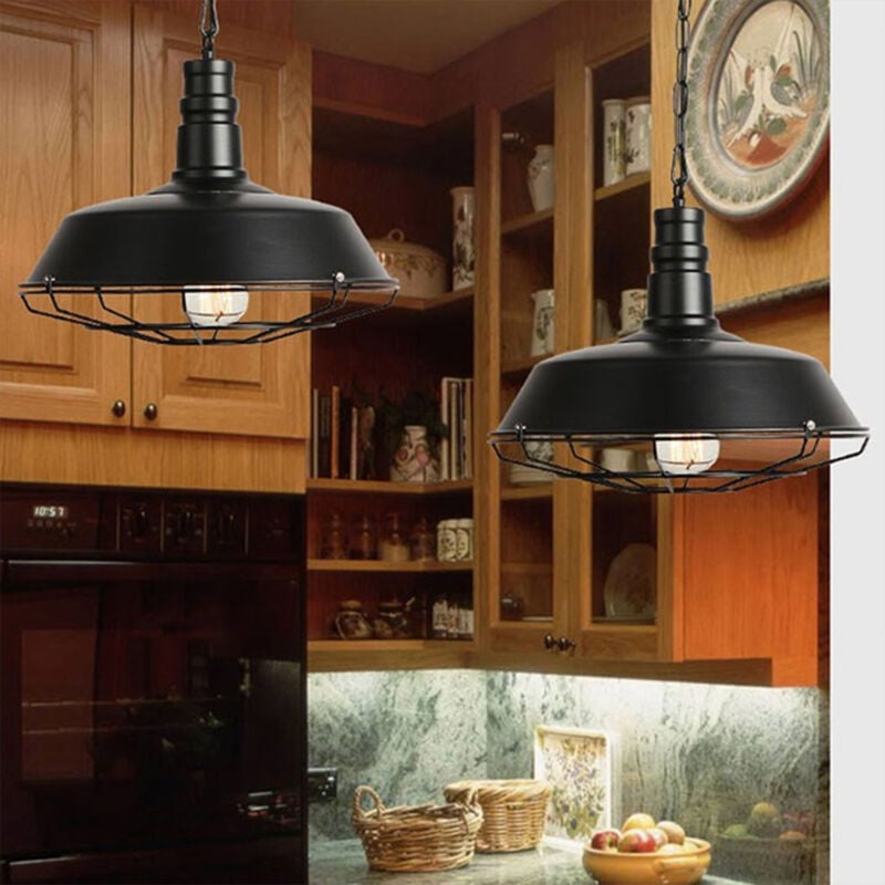 Lot de 2 Rétro Lustre Suspension Industrielle E27 Douille Plafonnier Luminaire Noir 36cm