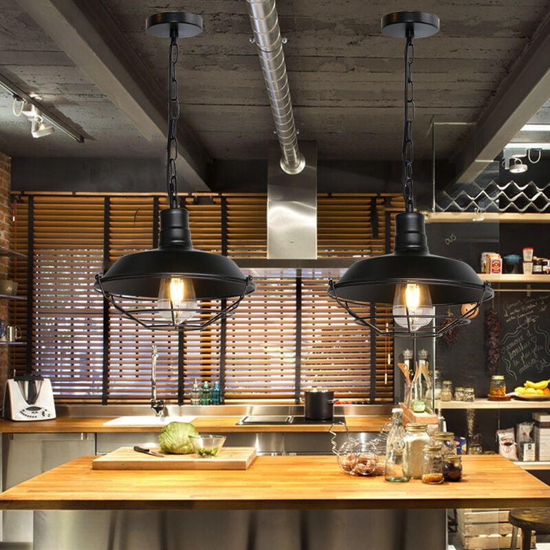 Lot de 2 Rétro Lustre Suspension Industrielle E27 Douille Plafonnier Luminaire Noir 26cm