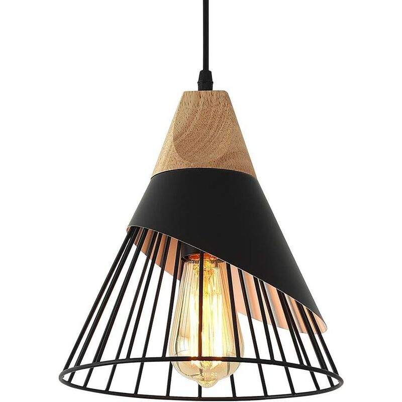 Suspension Luminaire Vintage,Bois Métal design Lampe Plafonnier Industrielle en Luminaires Suspension, Noir