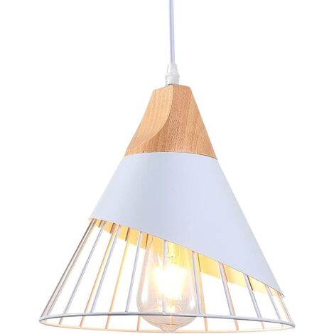 Suspension Luminaire vintage,bois Plafonnier industriel design Métal Blanc Lampes Suspendues abat-jour E27 (Lumières non incluses)