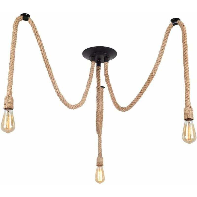 Suspension Luminaire Vintage,Suspension Industriel 3 douilles E27,Réglable Lustre avec corde de chanvre pour Salle à Manger,Salon,Chambre Café