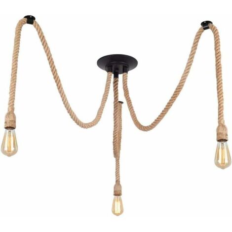 Suspension lumineuse vintage 3 douilles E27 – Métal noir et corde de chanvre – Longueur câble 150 cm – Pour salle à manger, salon, chambre, café-bar