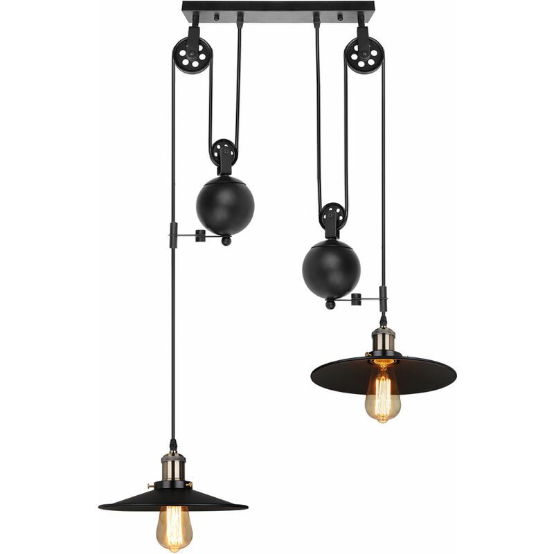 Suspension Lustre à Poulie Plafonnier Lampe Suspension Vintage Industrielle Noir - 2 Douille