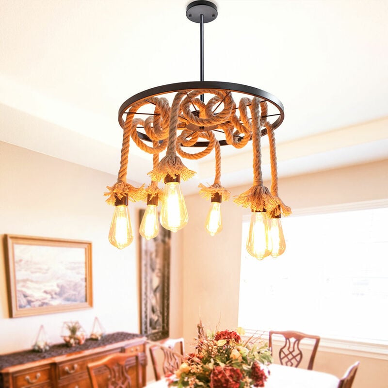 Lustre Suspension Industrielle E27 Plafonnier Luminaire en Corde de Chanvre Noir 6 Lumières 2PCS