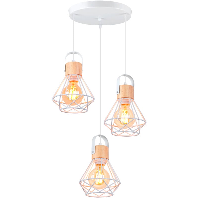3 Lumières Suspension Luminaire Rétro Lampe à Suspension Vintage Plafonnier D'Intérieur Moderne En Métal Et En Bois Blanc