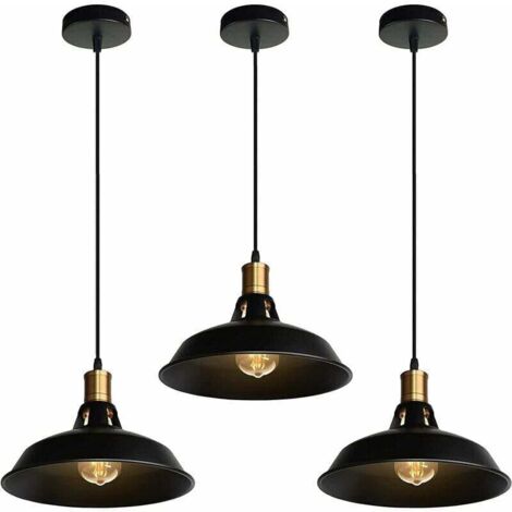 Suspension Lustre Industrielle Vintage Luminaire Plafonnier E27 Salon Abat-jour Plafond en Métal Rétro Style Nordique Design Câble Réglable (Noir, 3pcs)