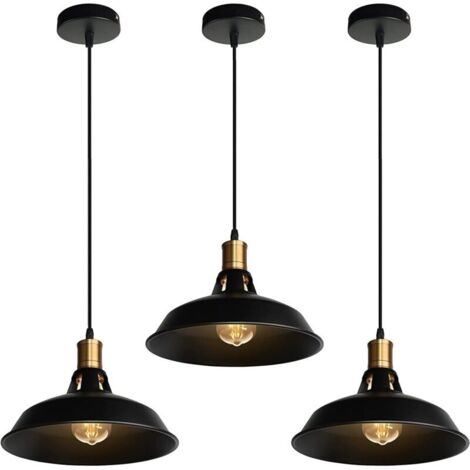 Suspension Lustre Industrielle Vintage Luminaire Plafonnier E27 Salon Abat-jour Plafond en Métal Rétro Style Nordique Design Câble Réglable (Noir, 3pcs)