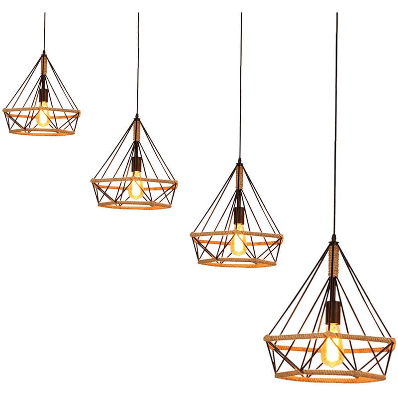 Suspension Lustre Industrielle Vintage Rétro Cage Diamant Lampe de Plafond en Corde de Chanvre Noir 4PCS