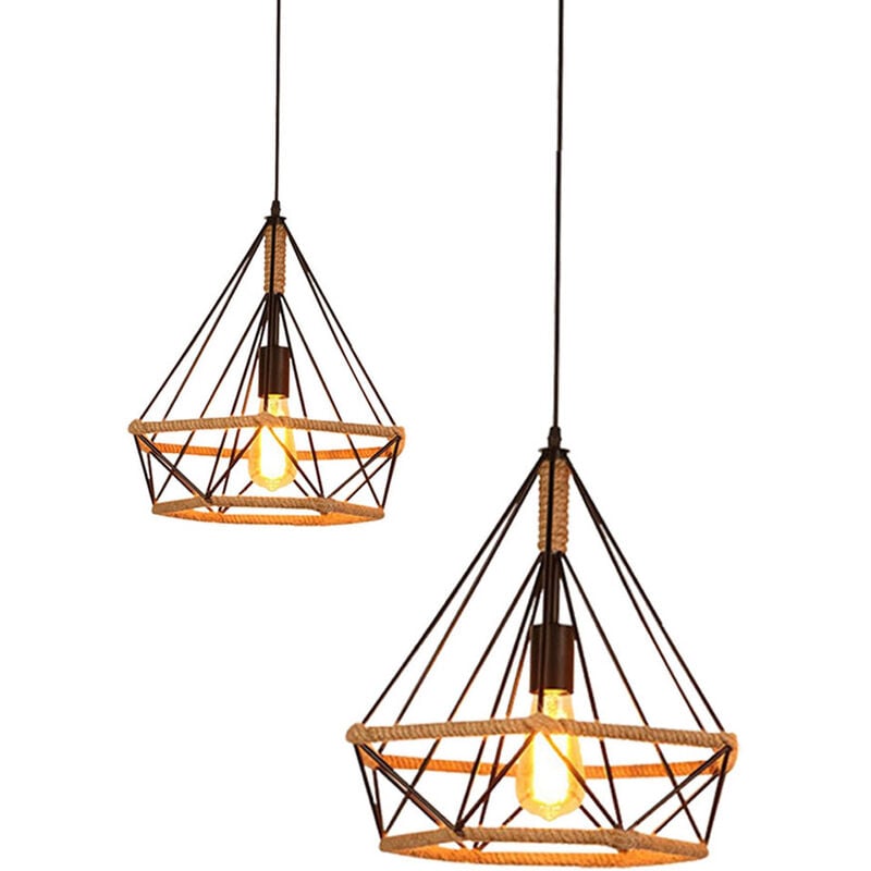 Suspension Lustre Industrielle Vintage Rétro Cage Diamant Lampe de Plafond en Corde de Chanvre Noir 2PCS