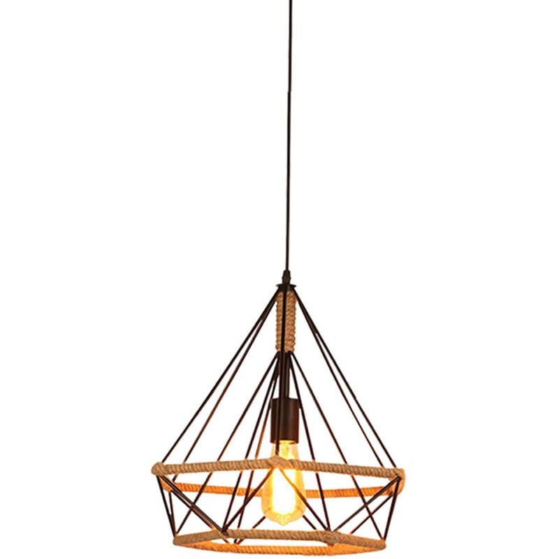 Suspension Lustre Industrielle Vintage Rétro Cage Diamant Lampe de Plafond en Corde de Chanvre Noir 1PCS