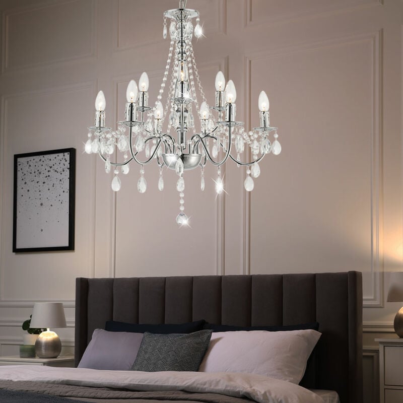 Suspension lustre lustre lampe salon lumière, 9 flammes, métal chromé classique, 9x douilles E14, DxH 63x153 cm