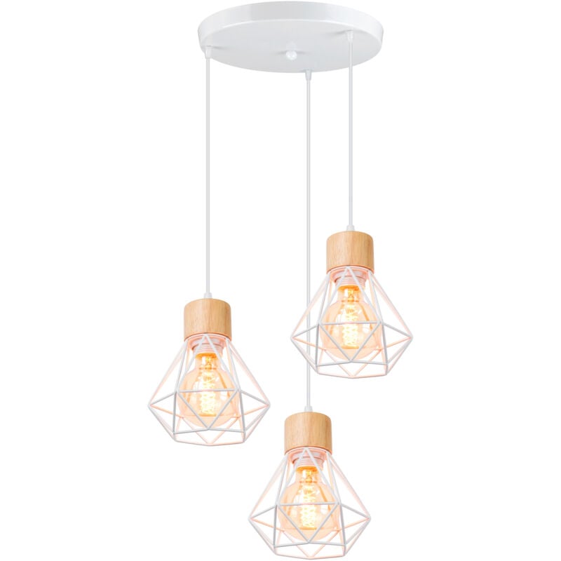 Rétro Lustre Suspension Cage Diamant Fer Luminaire 3 Lumières Design en Bois Blanc