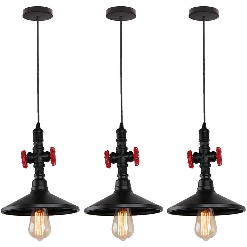 Suspension Lustre Vintage Industrielle E27 Fer Luminaire Tuyau d'eau Noir 3PCS Plafonnier Eclairage pour Bar Café Restaurant