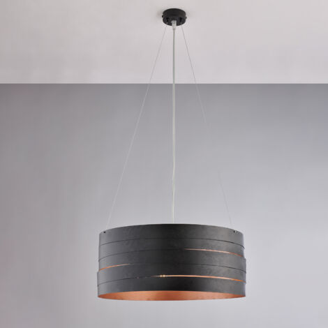 Suspension Mambo noire, déco noire extérieure/intérieure cuivre antique, câbles acier réglables, 3 lumières d.45