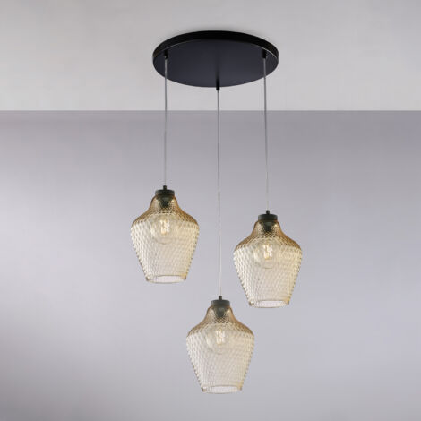 Suspension Maya fer noir, câbles orientables, verre soufflé ambré à décor en relief, 3 lumières d.47 cm, look chaleureux