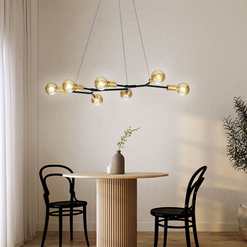 Plafonnier rétro suspension 7 flammes laiton noir, 7x E27, IP20, LxPxH 91x45x150cm, salon salle à manger chambre