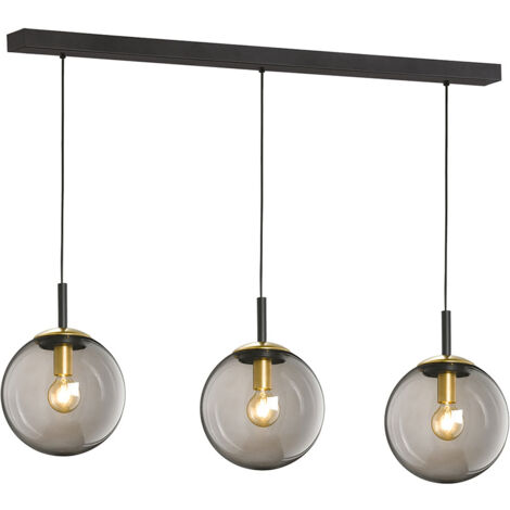 Suspension métal noir avec verre fumé – 3 ampoules E27 – Hauteur 140 cm – Pour salle à manger et salon – Fischer & Honsel