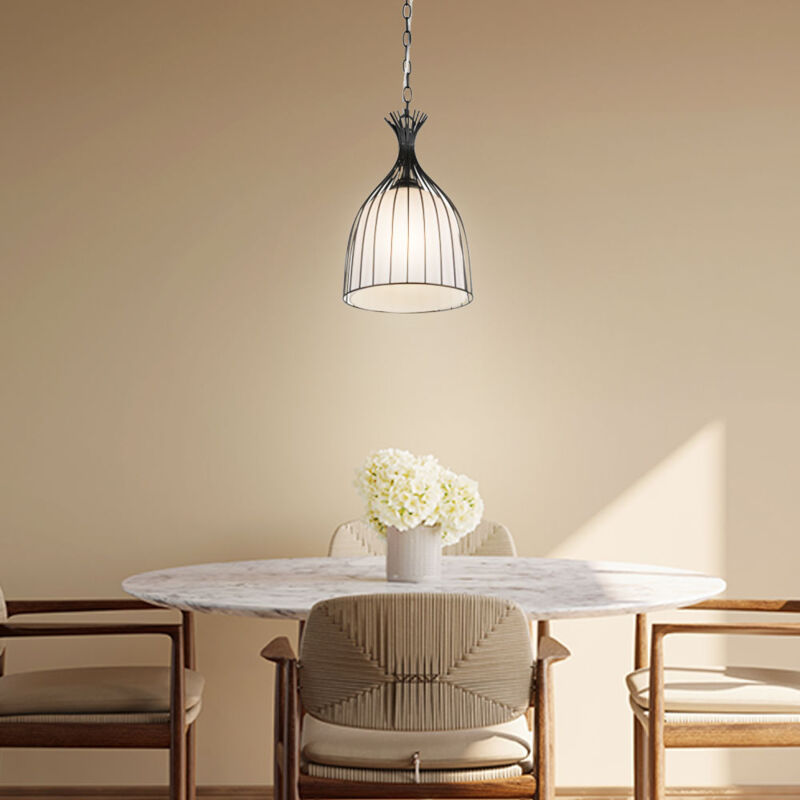 Suspension noire pour couloir, lampe suspendue en verre pour salle à manger, plafonnier noir, design cage, blanc opale, 1x E27, PxH 23 x 150 cm