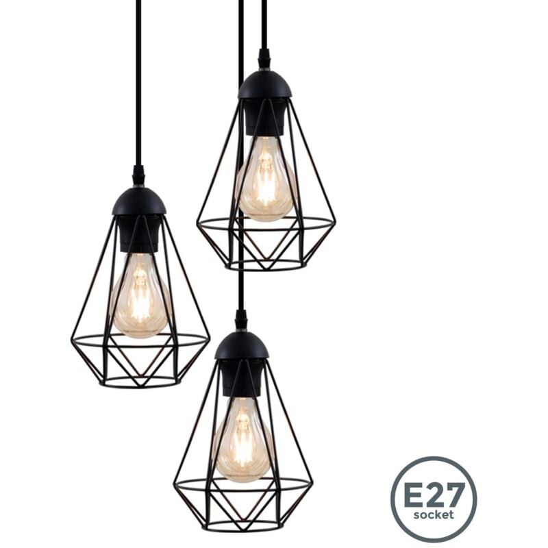 Suspension trio ronde, design rétro, lustre moderne style industriel métal, éclairage plafond vintage, Ø29cm, pour 3 ampoules E27 max. 40W, noir,