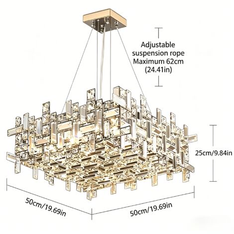Suspension moderne en cristal carrée, 50 cm, lustre LED avec 6 x E14, hauteur réglable, lampe suspendue design pour salon, salle à manger et chambre