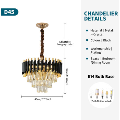 Suspension moderne en cristal noir et dorée Ø45 cm, suspension compacte avec tiges en verre inclinées, 3 températures de couleur, dimmable