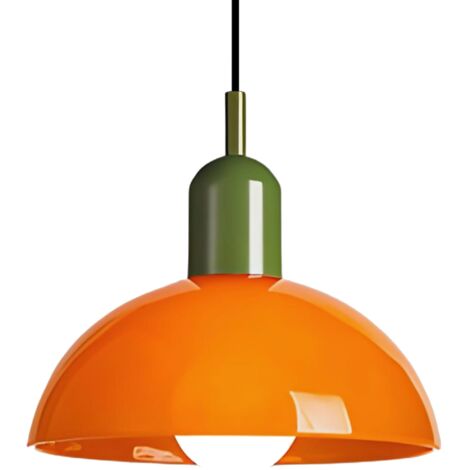 Suspension Moderne en Verre à Coupole avec Support Métallique, Lampe Suspendue à Hauteur Réglable, Lampe de Plafond Industriel E27 pour Îlot de Cuisine, Salle à Manger, Loft (Orange, 25cm)