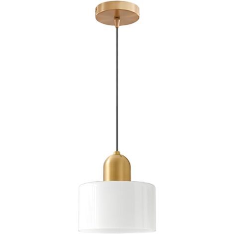 Suspension Moderne en Verre avec Douille E27 Dorée et Câble Tressé Noir, Luminaire de Plafond 15 cm pour Îlot de Cuisine, Salle à Manger ou Chambre (Blanc)