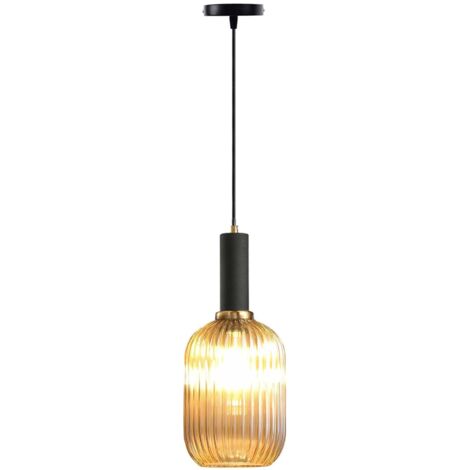 Suspension Moderne en Verre Strié avec Douille E27, Luminaire Suspendu pour Îlot de Cuisine, Salle à Manger, Chambre (Ambre, 13cm)