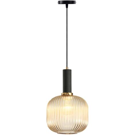 Suspension Moderne en Verre Strié avec Douille E27, Luminaire Suspendu pour Îlot de Cuisine, Salle à Manger, Chambre (Ambre, 20cm)
