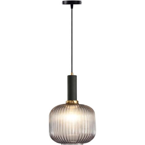 Suspension Moderne en Verre Strié avec Douille E27, Luminaire Suspendu pour Îlot de Cuisine, Salle à Manger, Chambre (Gris, 20cm)